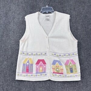 VINTAGE Tabi White Cardigan Sweater Vest Cottage Floral Design Size XL Grandma